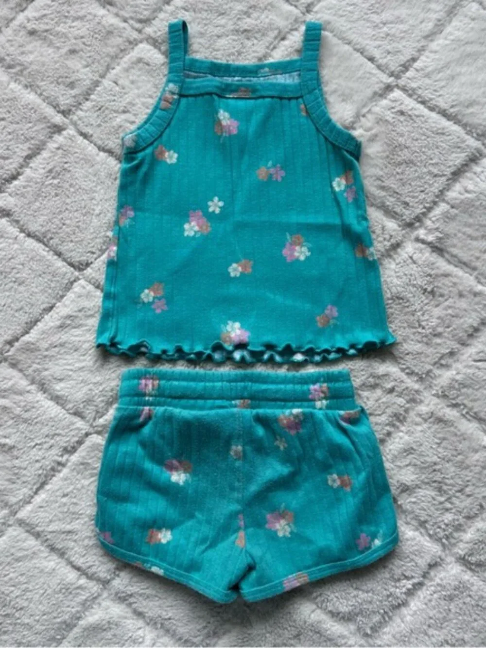 Cat & Jack | Green & Pink Floral Ribbed Tank Top and Shorts Set | Size 18 Months